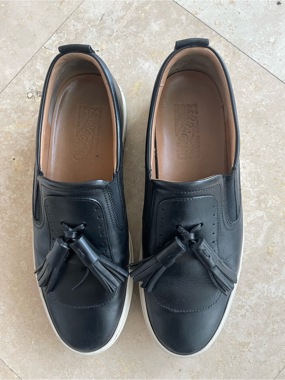 Salvatore Ferragamo Black Leather Tassel Slip-On Loafers with White Outsole - Picture 1 of 8